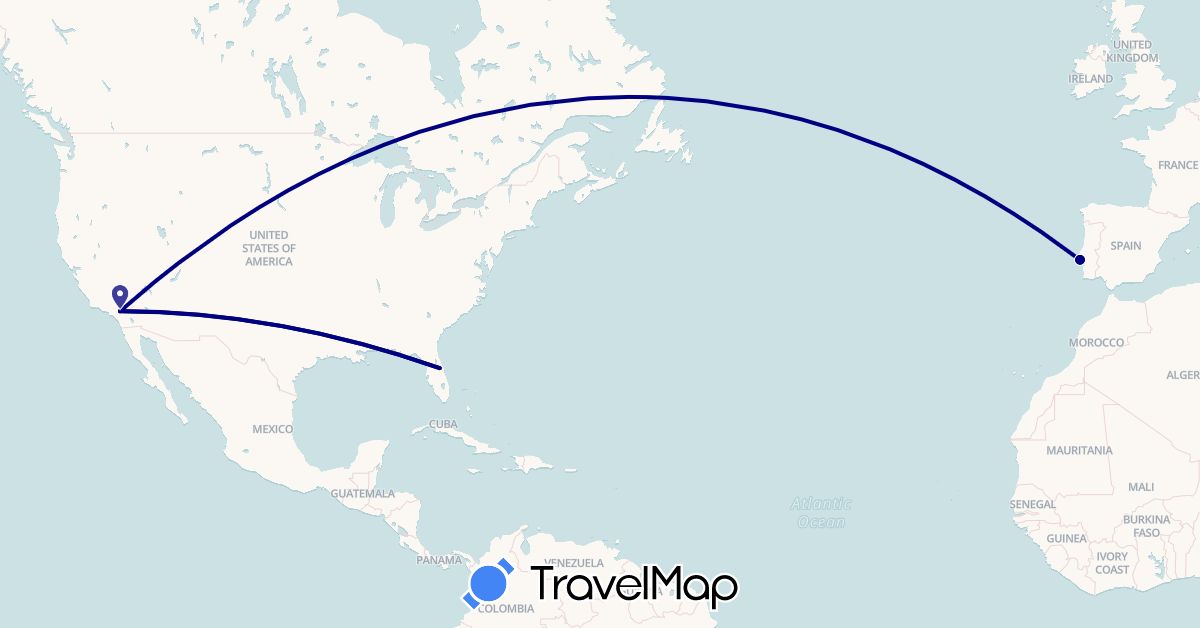 TravelMap itinerary: driving in Portugal, United States (Europe, North America)